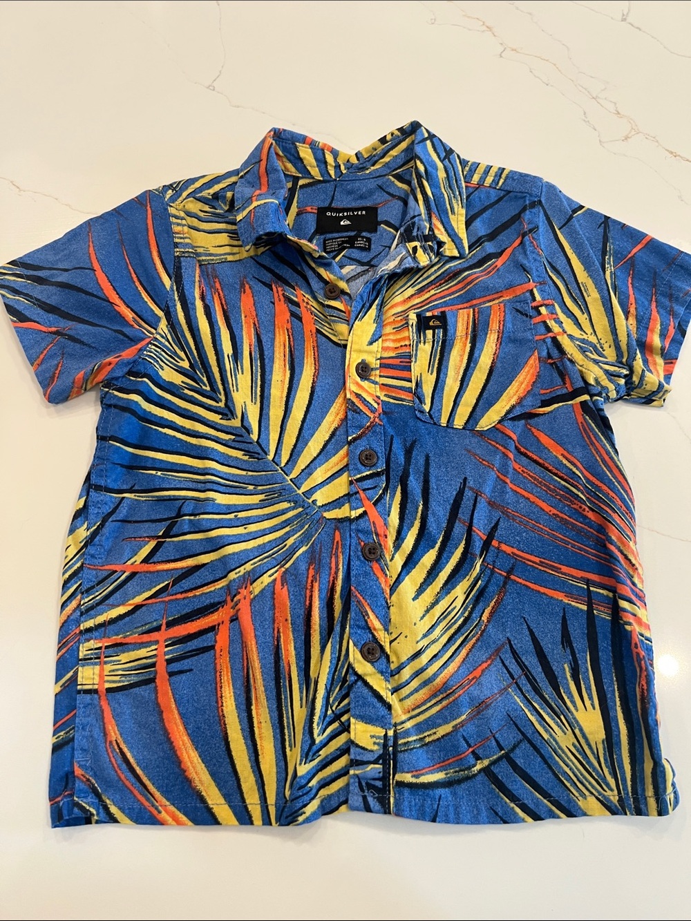 Boys’ Size 6 Quiksilver Blue Yellow Orange Palm Leaf Button Up Shirt